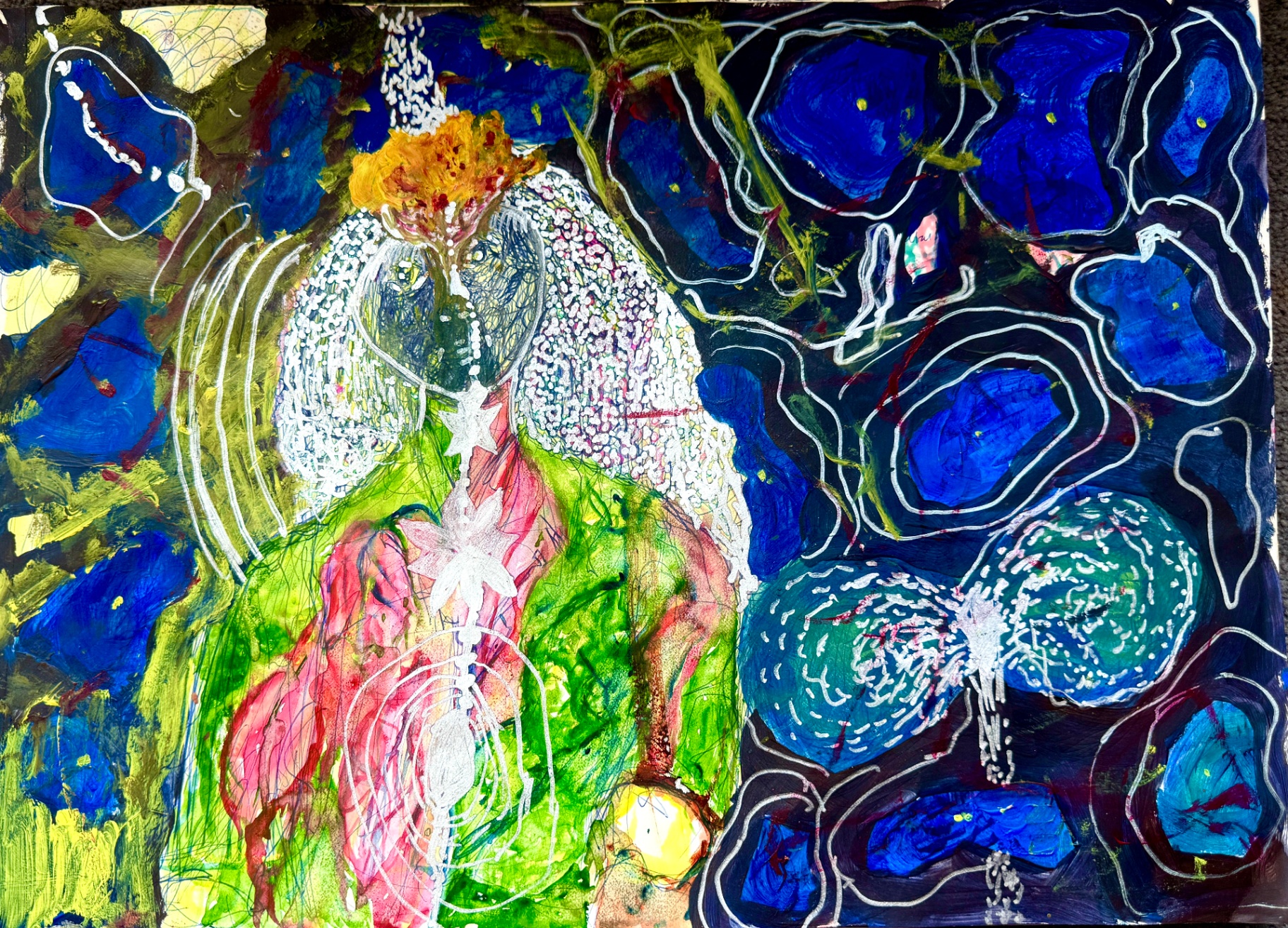 Sora san, Mixed media on paper
